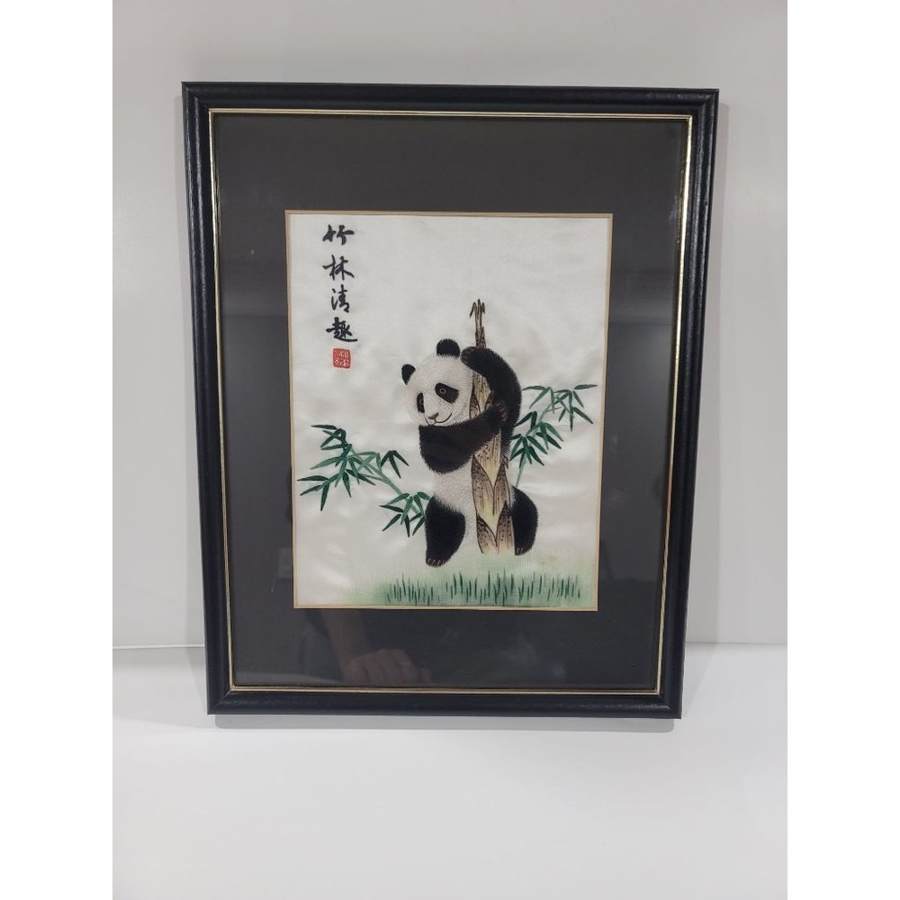Embroded on silk panda on bamboo frame art picture 15×12